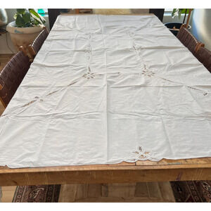 Vintage Tablecloth 65 x 87.5 in White Battenburg Lace Cotton Cottage Core